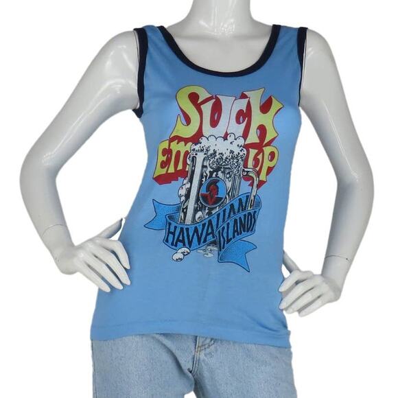 80s Vintage Suck Em Up Hawaiian Island Hawaii Primo Beer Tank Top Tee T Shirt XS - Picture 1 of 4